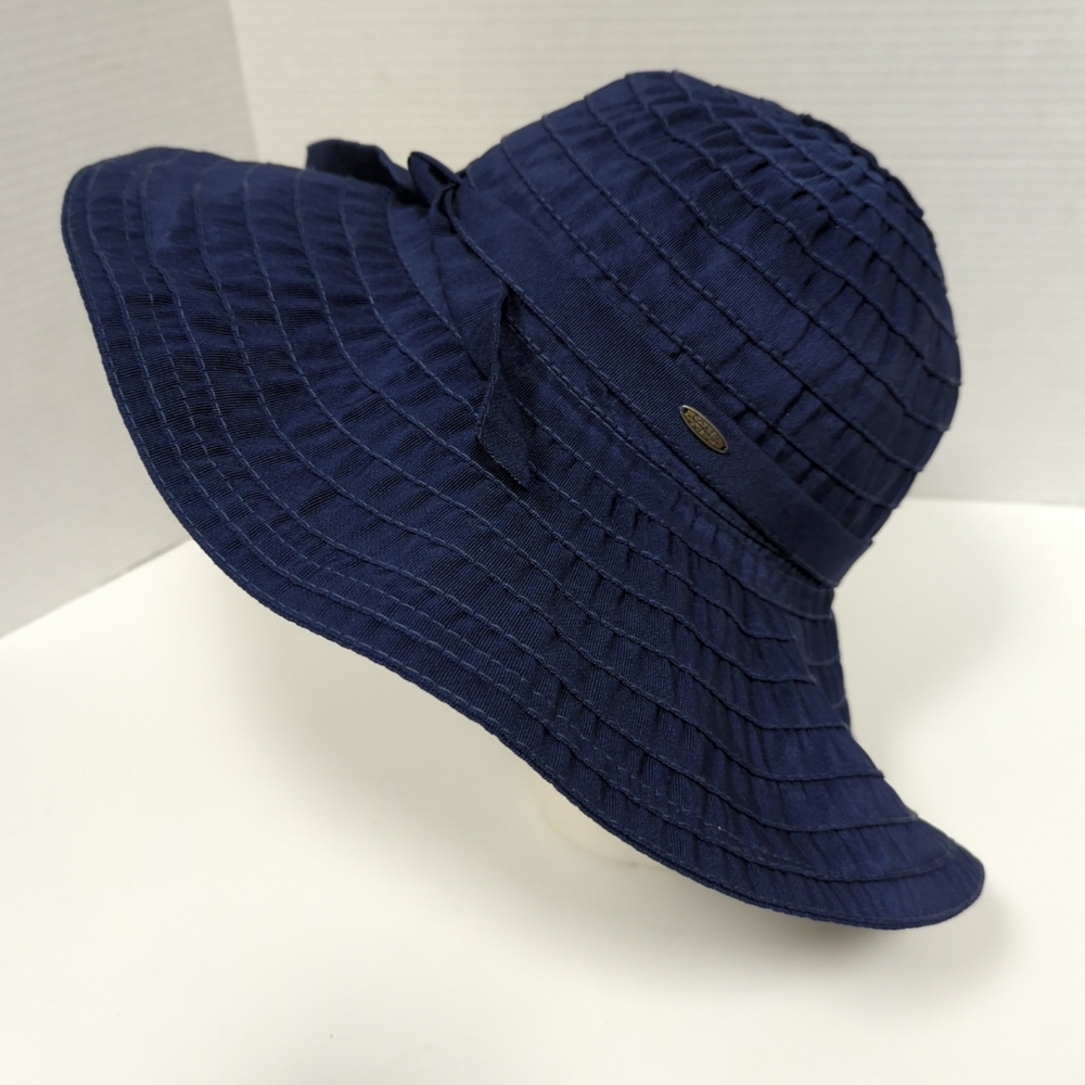 Vintage Scala Pronto Sun Hat Ribboned Wide Brim Light Weight Navy S/M - Picture 2 of 12